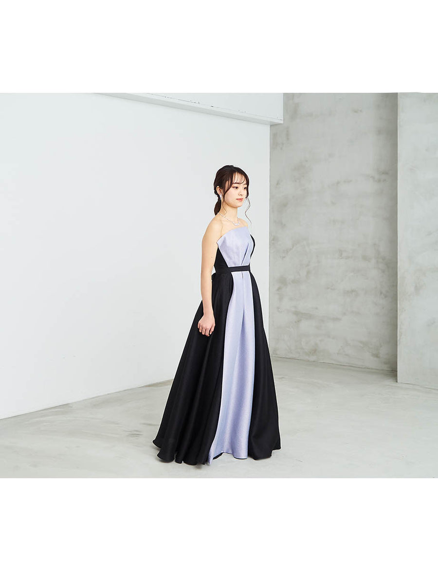 バイカラーロングドレス ベアトップ グレー黒 肩紐付き 発表会・演奏会
