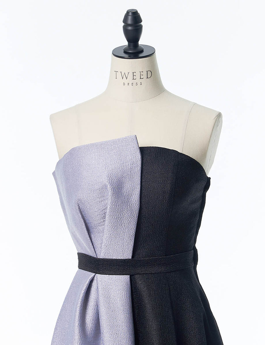 バイカラーロングドレス ベアトップ グレー黒 肩紐付き 発表会・演奏会