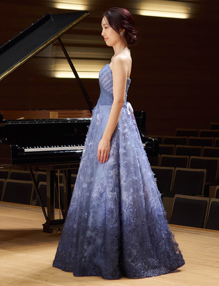 グラデーション ロングドレス ブルーグレー レース ベアトップ