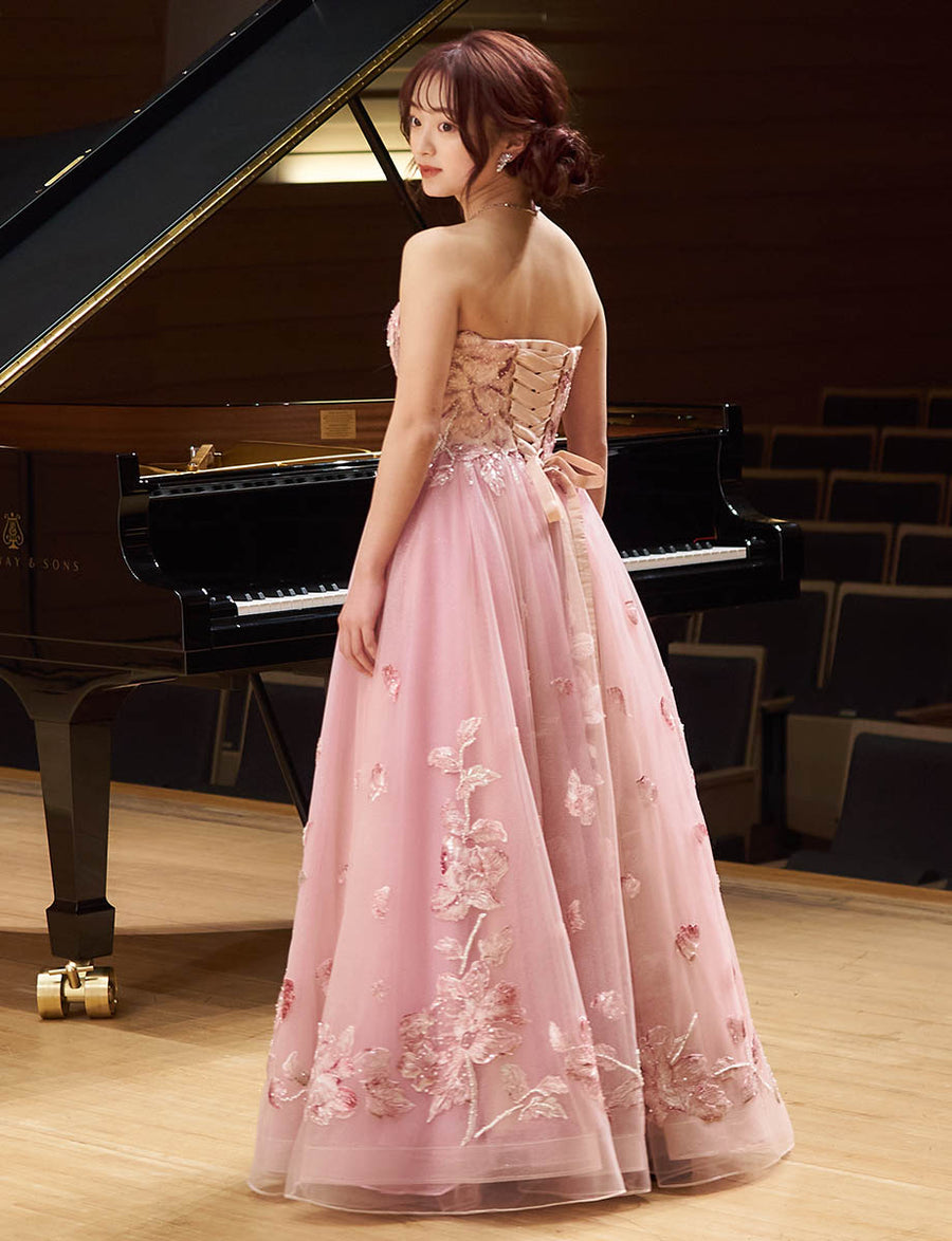 ピンクベージュ フローラルレース ロングドレス ベアトップ 発表会