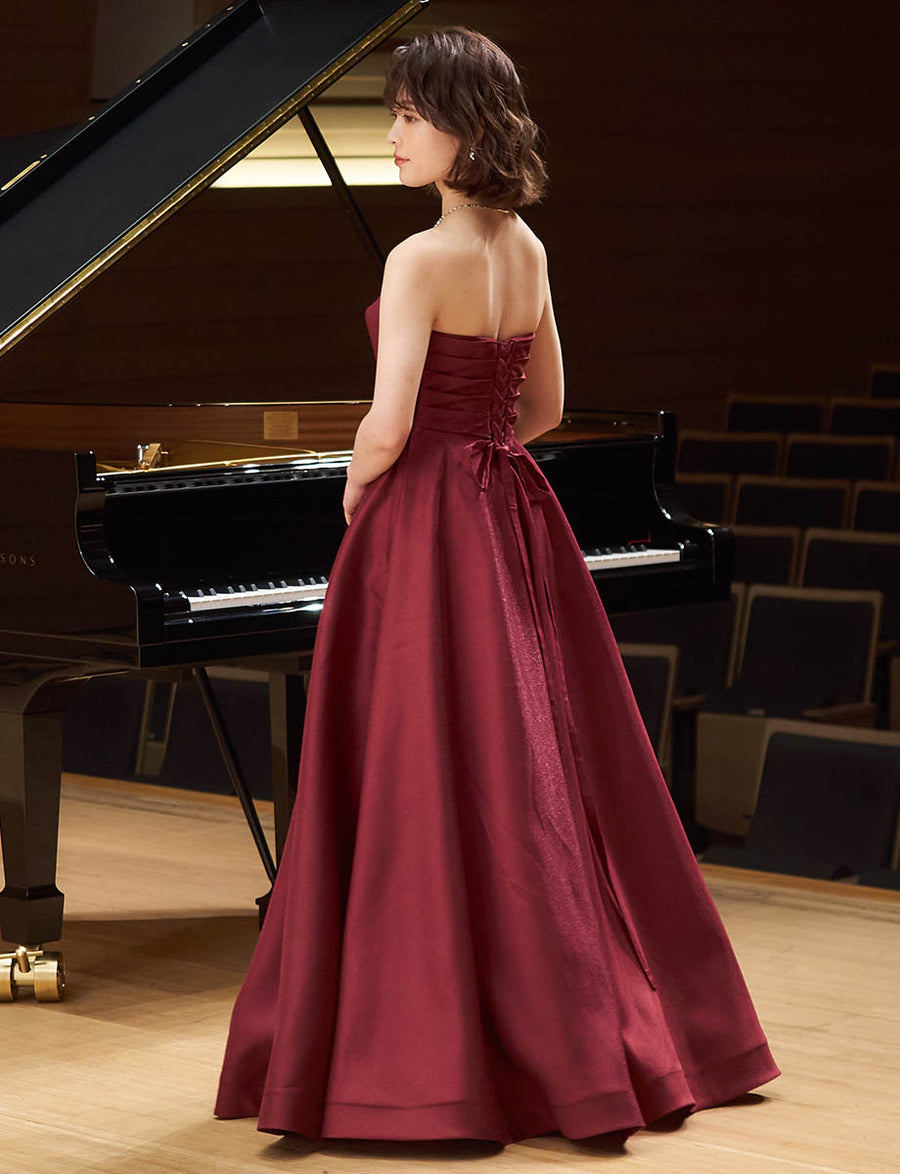 バーガンディー ロングドレス ベアトップ サテン 肩紐付き 発表会