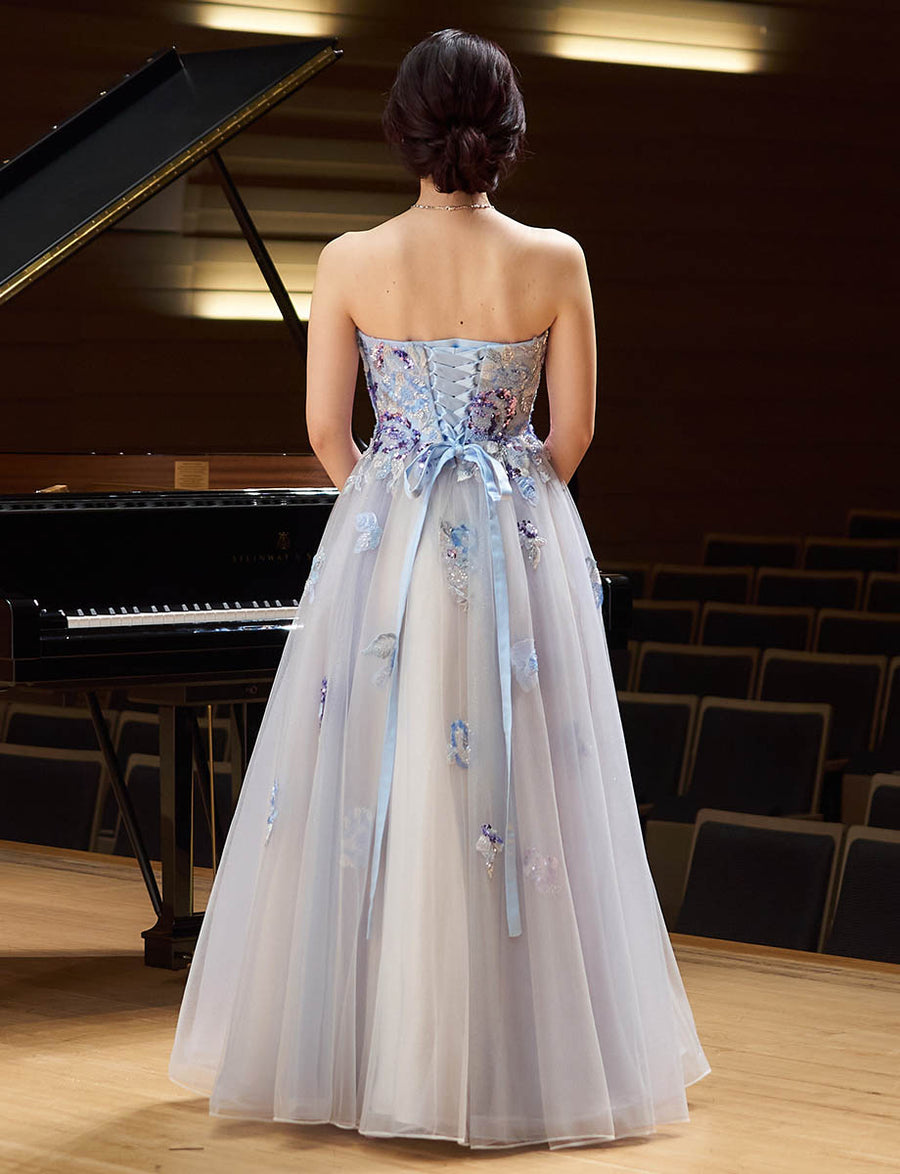 パステルブルー ロングドレス 刺繍 スパンコール チュール ベアトップ