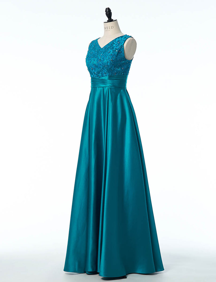 ピーコックグリーン ロングドレス サテン レース ノースリーブ A