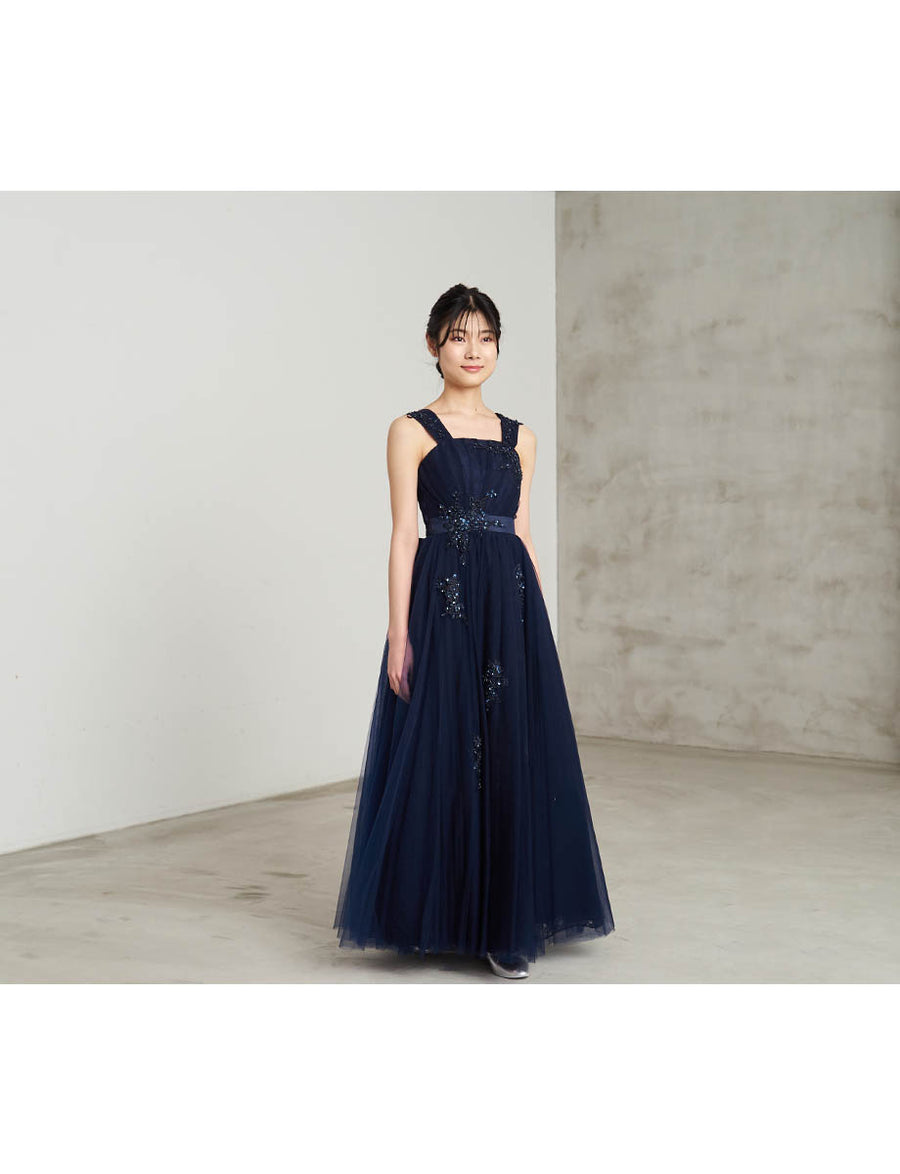 TWEED DREES ダークネイビー ロングドレスAライン 140cm 演奏会 中学生 発表会ドレス 演奏会ロングドレスにお薦めジュニアドレス