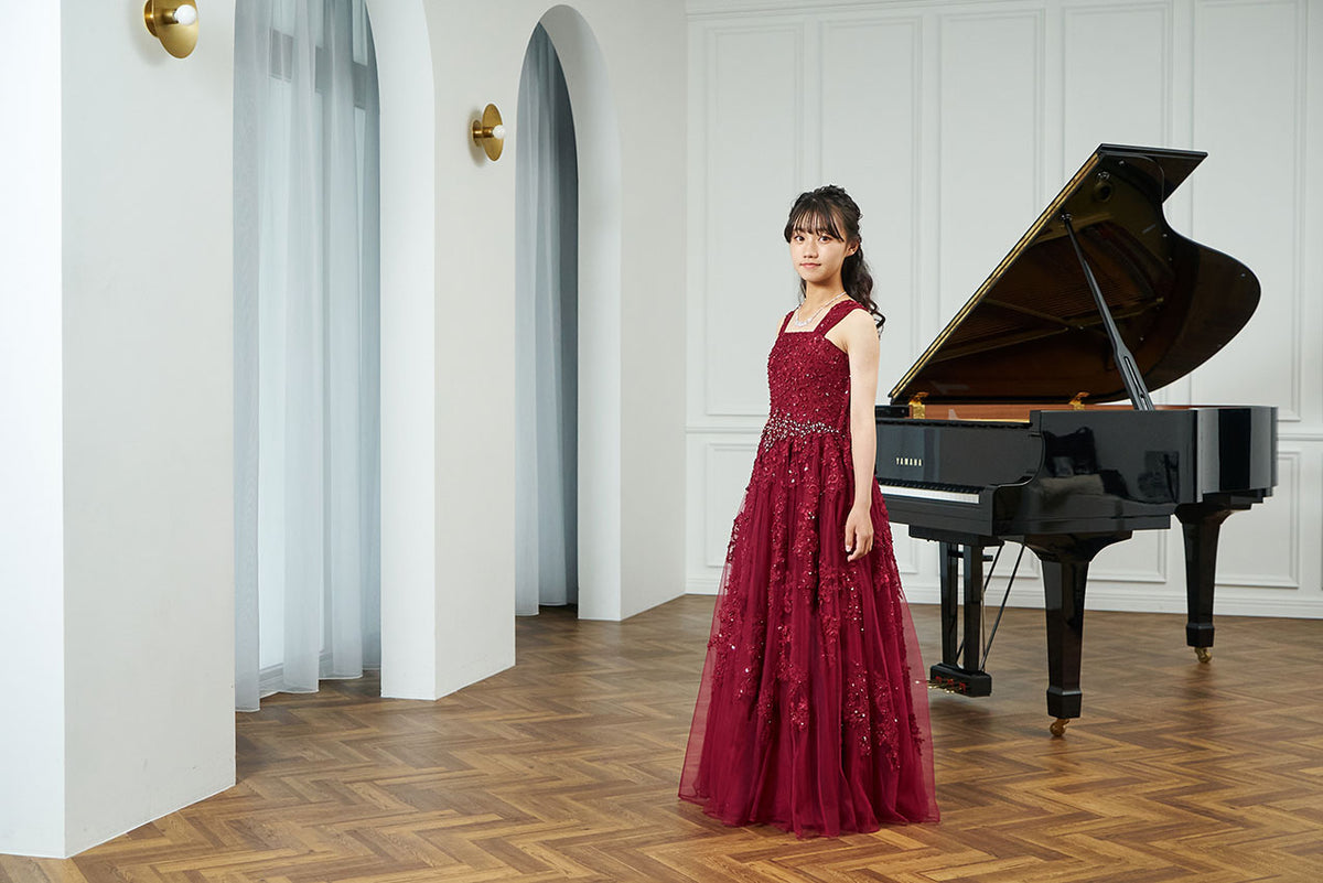 tweed ジュニア　レッドドレス 小中学校正 コンクールドレス・発表会ドレスにお薦めワインレッド