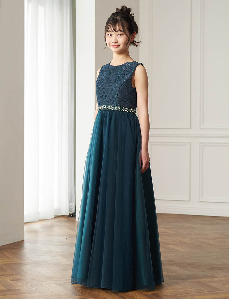 レース×チュール ジュニアロングドレス ダークグリーン・TWJ9505-DGN