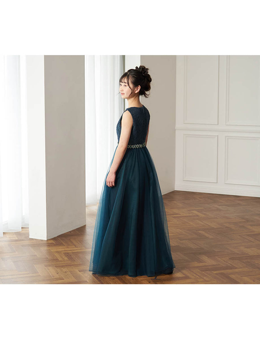レース×チュール ジュニアロングドレス ダークグリーン・TWJ9505-DGN
