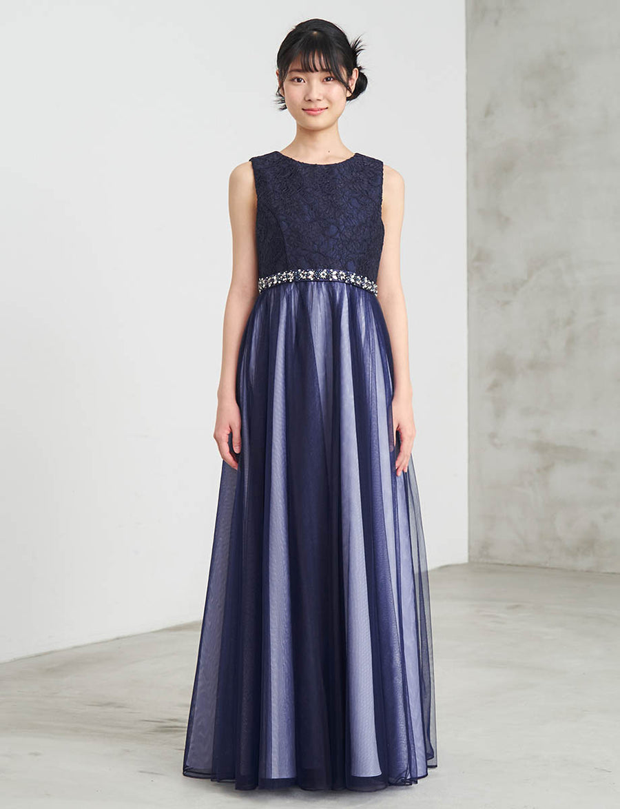 レース×チュール ジュニアロングドレス ネイビー×シルバー