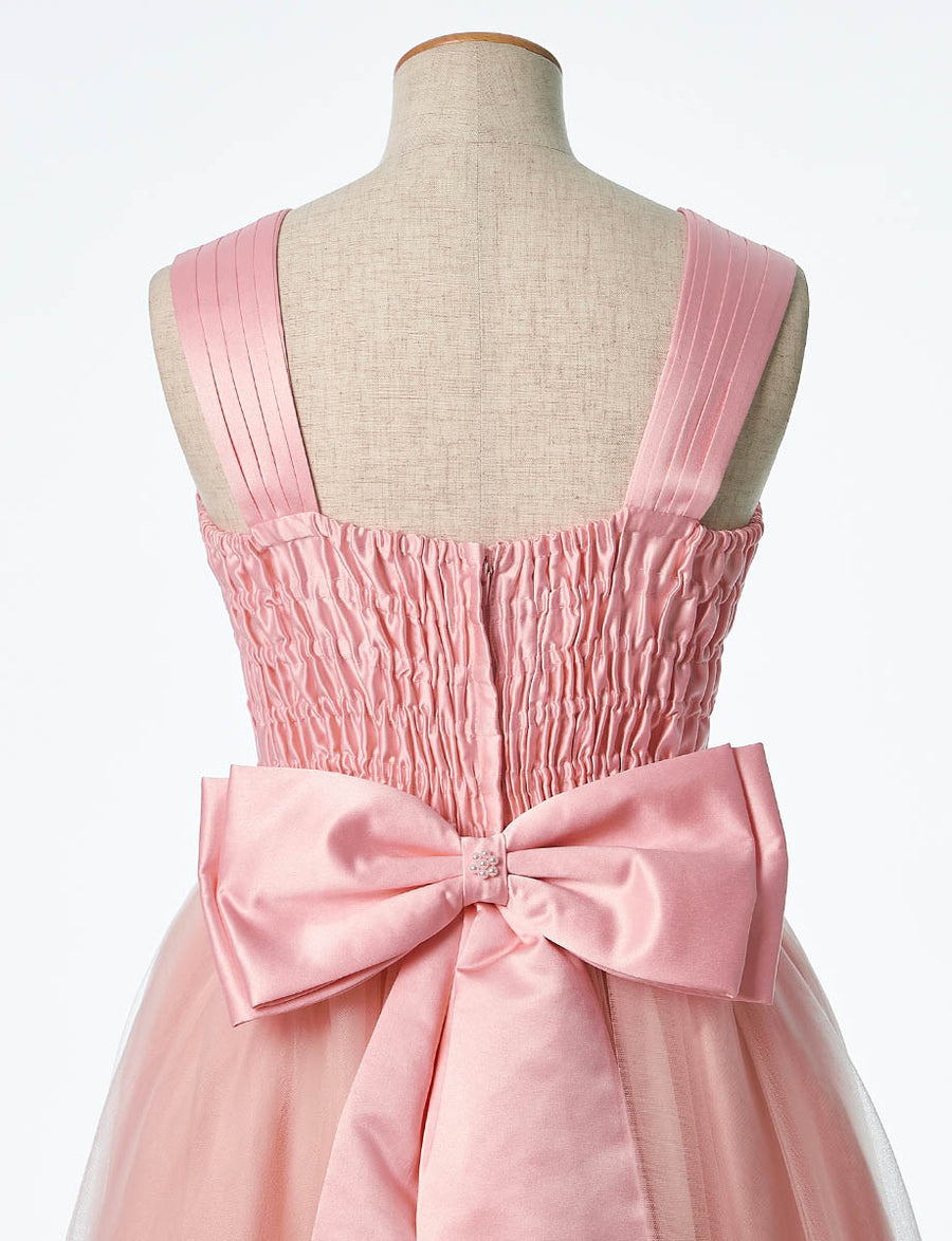 サテン×チュール ジュニアロングドレス シェルピンク・TWJ9507-SHPK