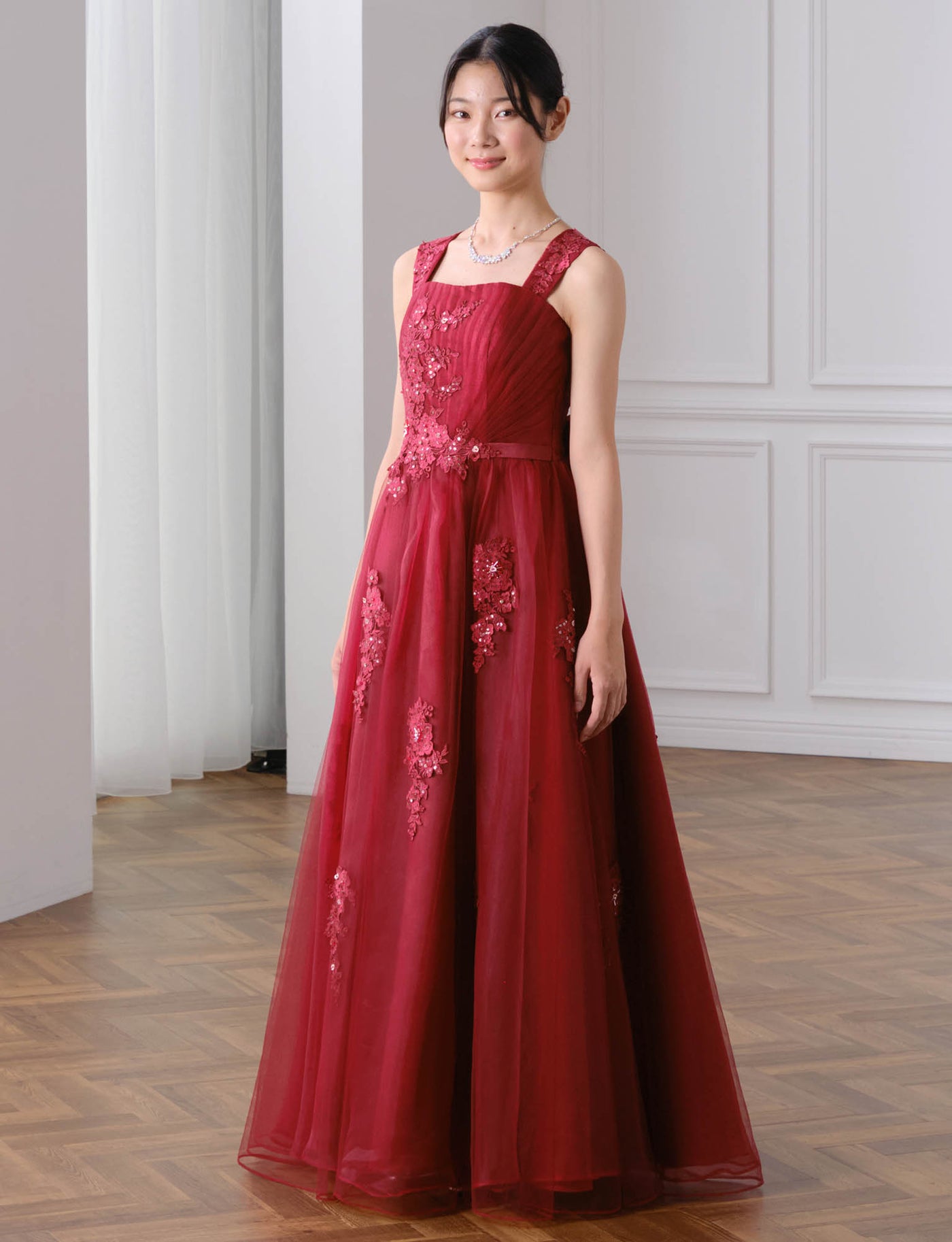 ジュニアドレス ダークレッド・レースモチーフ×チュールロングドレス