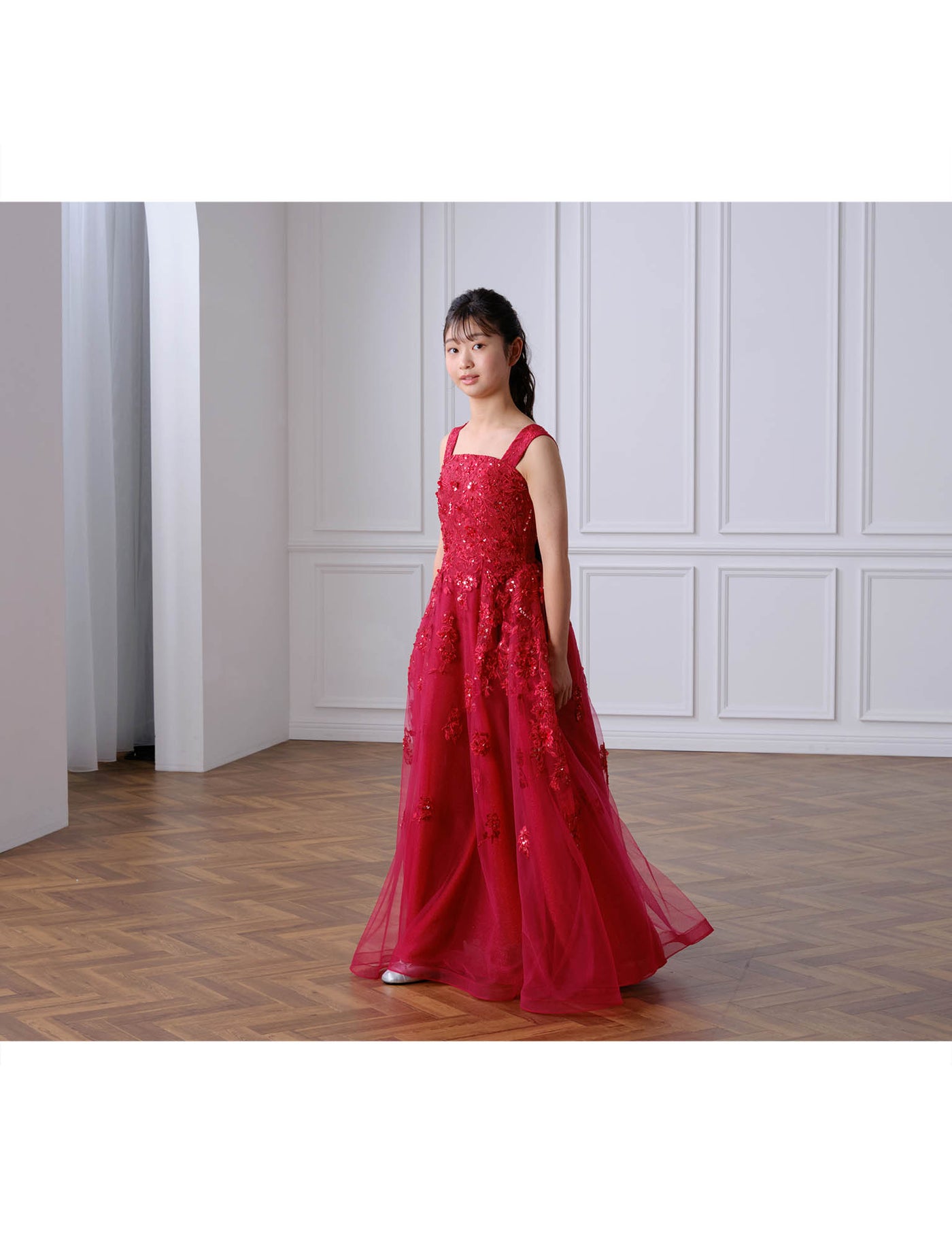 ジュニアドレス レッドピンク・ルレックス×チュールロングドレス