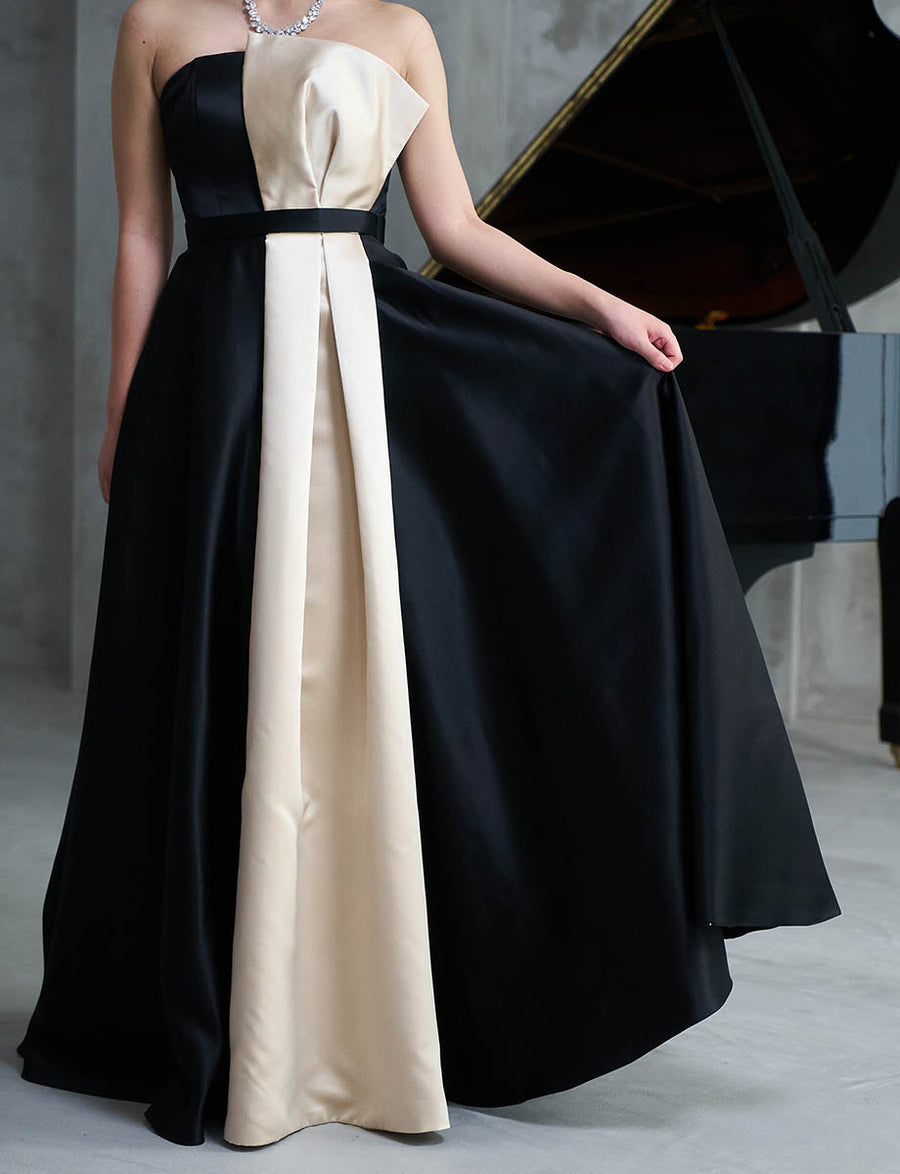 ベアトップロングドレス 演奏会用 ブラックゴールド サテン｜ツイード