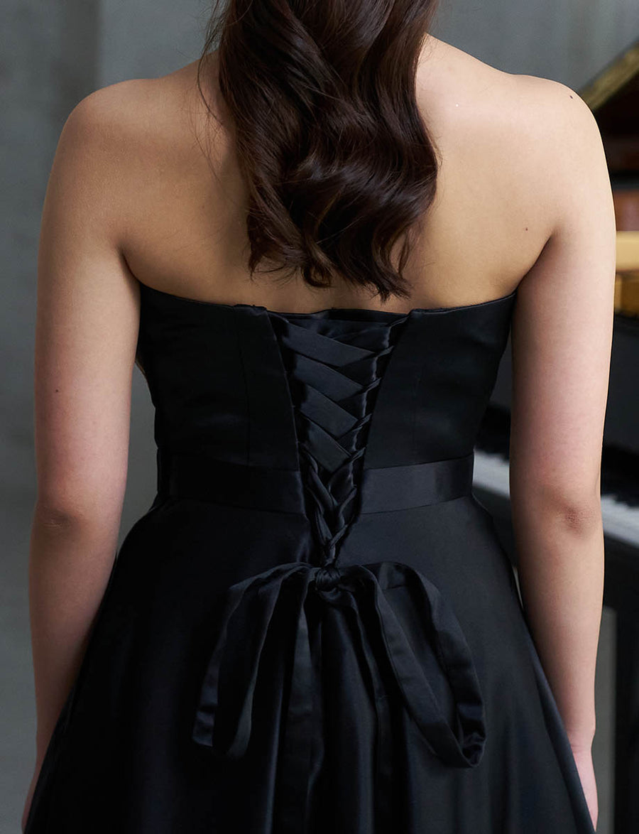 ベアトップロングドレス 演奏会用 ブラックゴールド サテン｜ツイード