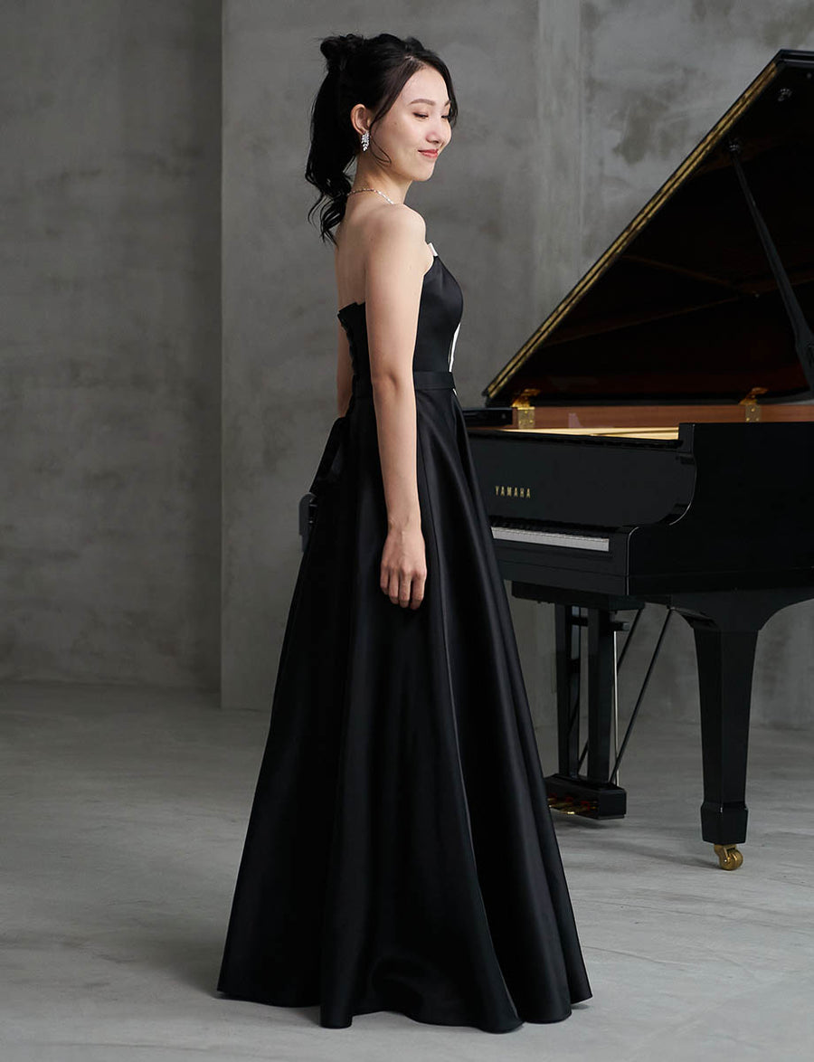 ベアトップロングドレス 演奏会用 ブラックホワイト サテン｜ツイード