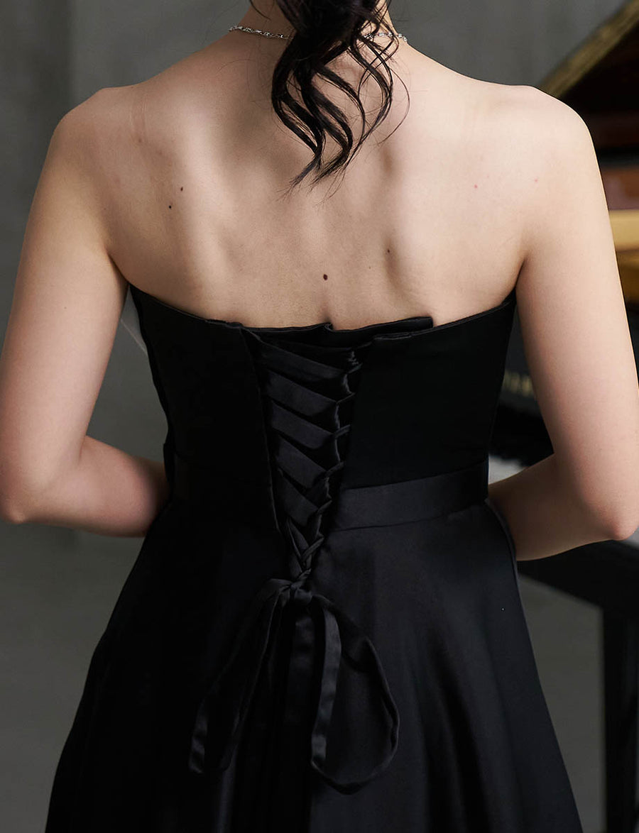 ベアトップロングドレス 演奏会用 ブラックホワイト サテン｜ツイード