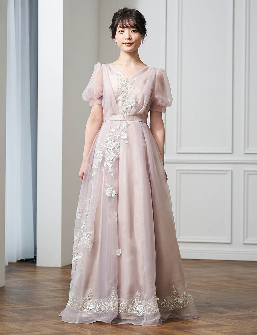 パフスリーブロングドレス オーガンジー 演奏会用 グレーベージュ