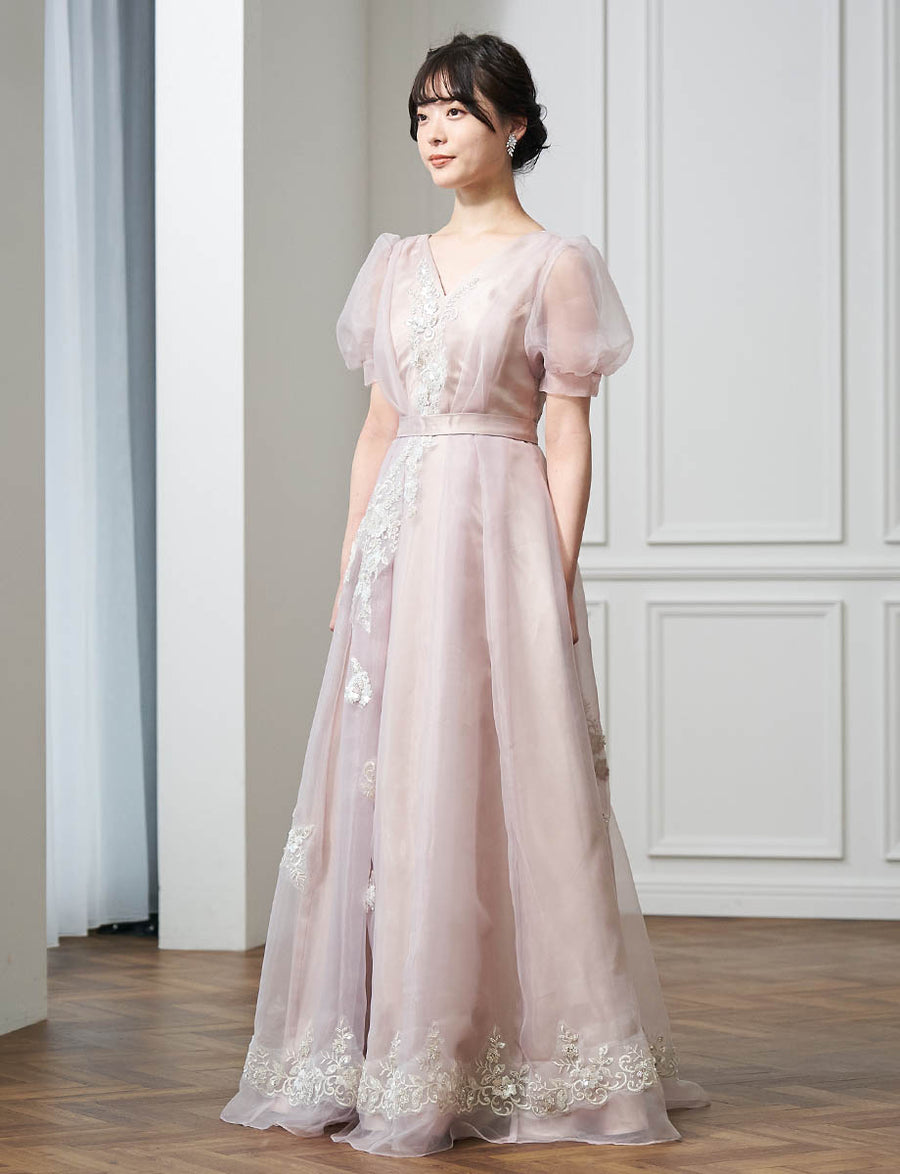 パフスリーブロングドレス オーガンジー 演奏会用 グレーベージュ