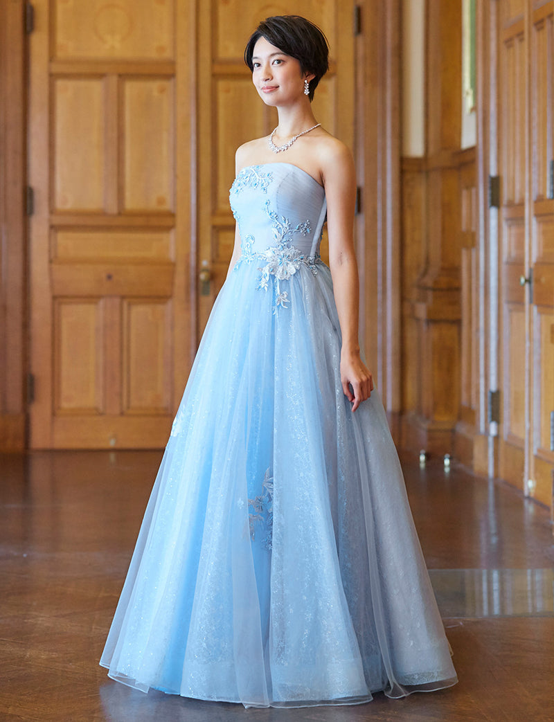 TWEED DRESS(ツイードドレス)のブルーグレーロングドレス・チュール｜TN2006-BLGYの全身斜め画像です。