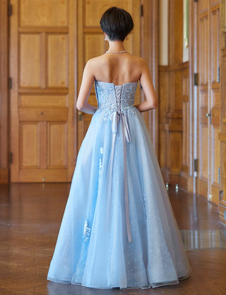 TWEED DRESS(ツイードドレス)のブルーグレーロングドレス・チュール｜TN2006-BLGYの全身背面画像です。