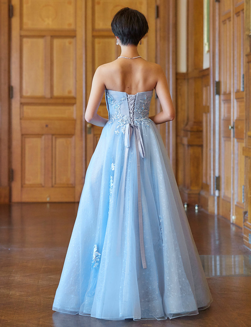 TWEED DRESS(ツイードドレス)のブルーグレーロングドレス・チュール｜TN2006-BLGYの全身背面画像です。