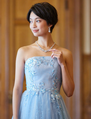 TWEED DRESS(ツイードドレス)のブルーグレーロングドレス・チュール｜TN2006-BLGYの上半身正面画像です。