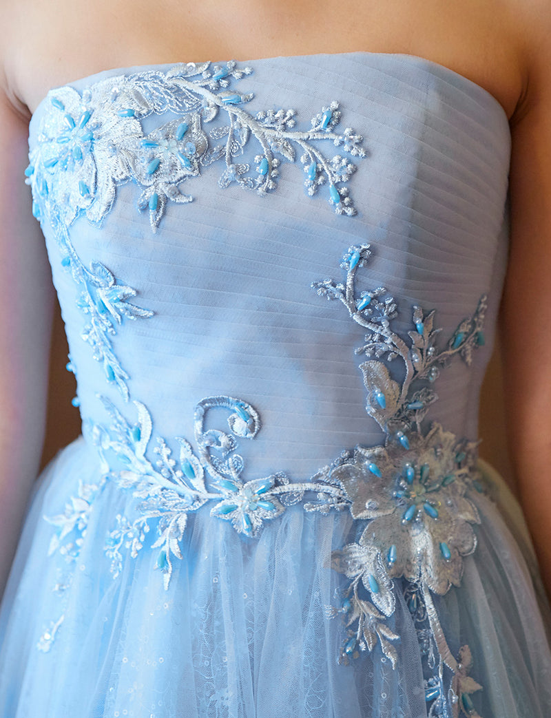 TWEED DRESS(ツイードドレス)のブルーグレーロングドレス・チュール｜TN2006-BLGYの上半身装飾拡大画像です。