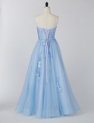 TWEED DRESS(ツイードドレス)のブルーグレーロングドレス・チュール｜TN2006-BLGYのトルソー全身背面画像です。