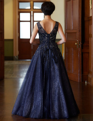 TWEED DRESS(ツイードドレス)のダークネイビーロングドレス・チュール｜TN2007-DNYの全身背面画像です。