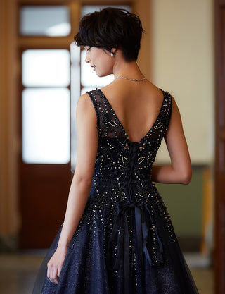 TWEED DRESS(ツイードドレス)のダークネイビーロングドレス・チュール｜TN2007-DNYの上半身背面画像です。