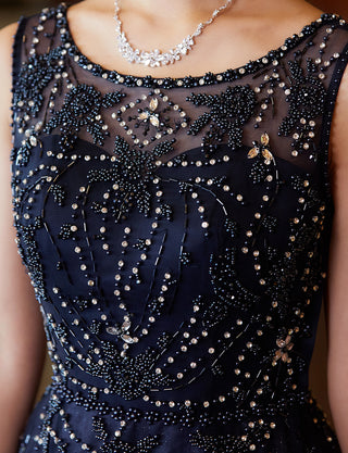 TWEED DRESS(ツイードドレス)のダークネイビーロングドレス・チュール｜TN2007-DNYの上半身装飾拡大画像です。