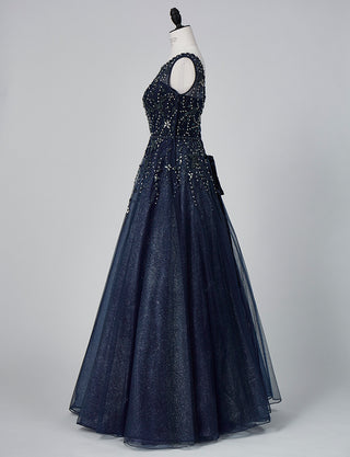 TWEED DRESS(ツイードドレス)のダークネイビーロングドレス・チュール｜TN2007-DNYのトルソー全身側面画像です。