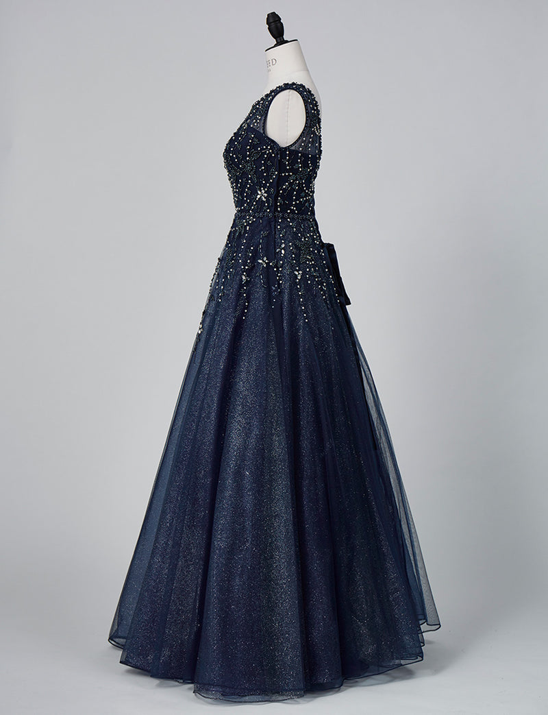 TWEED DRESS(ツイードドレス)のダークネイビーロングドレス・チュール｜TN2007-DNYのトルソー全身側面画像です。