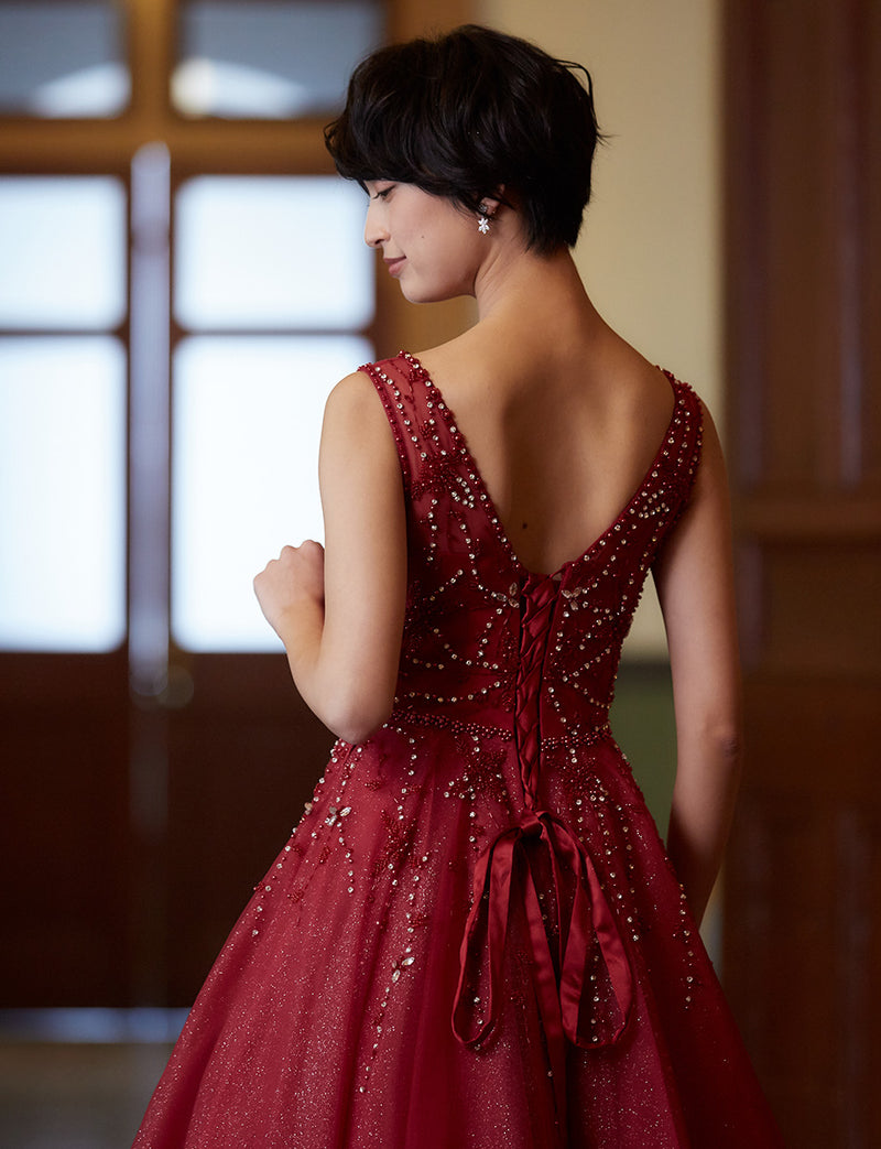 TWEED DRESS(ツイードドレス)のダークレッドロングドレス・チュール｜TN2007-DRDの上半身背面画像です。