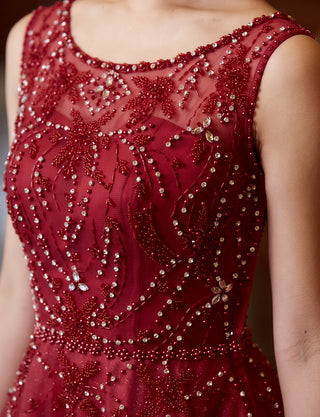 TWEED DRESS(ツイードドレス)のダークレッドロングドレス・チュール｜TN2007-DRDの上半身装飾拡大画像です。