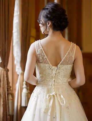 TWEED DRESS(ツイードドレス)のアイボリーロングドレス・チュール｜TN2007-IVYの上半身背面画像です。