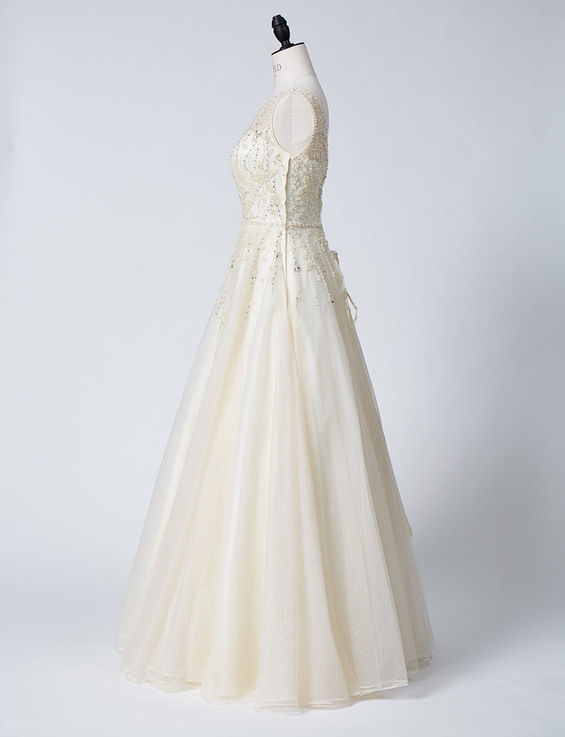 TWEED DRESS(ツイードドレス)のアイボリーロングドレス・チュール｜TN2007-IVYのトルソー全身側面画像です。