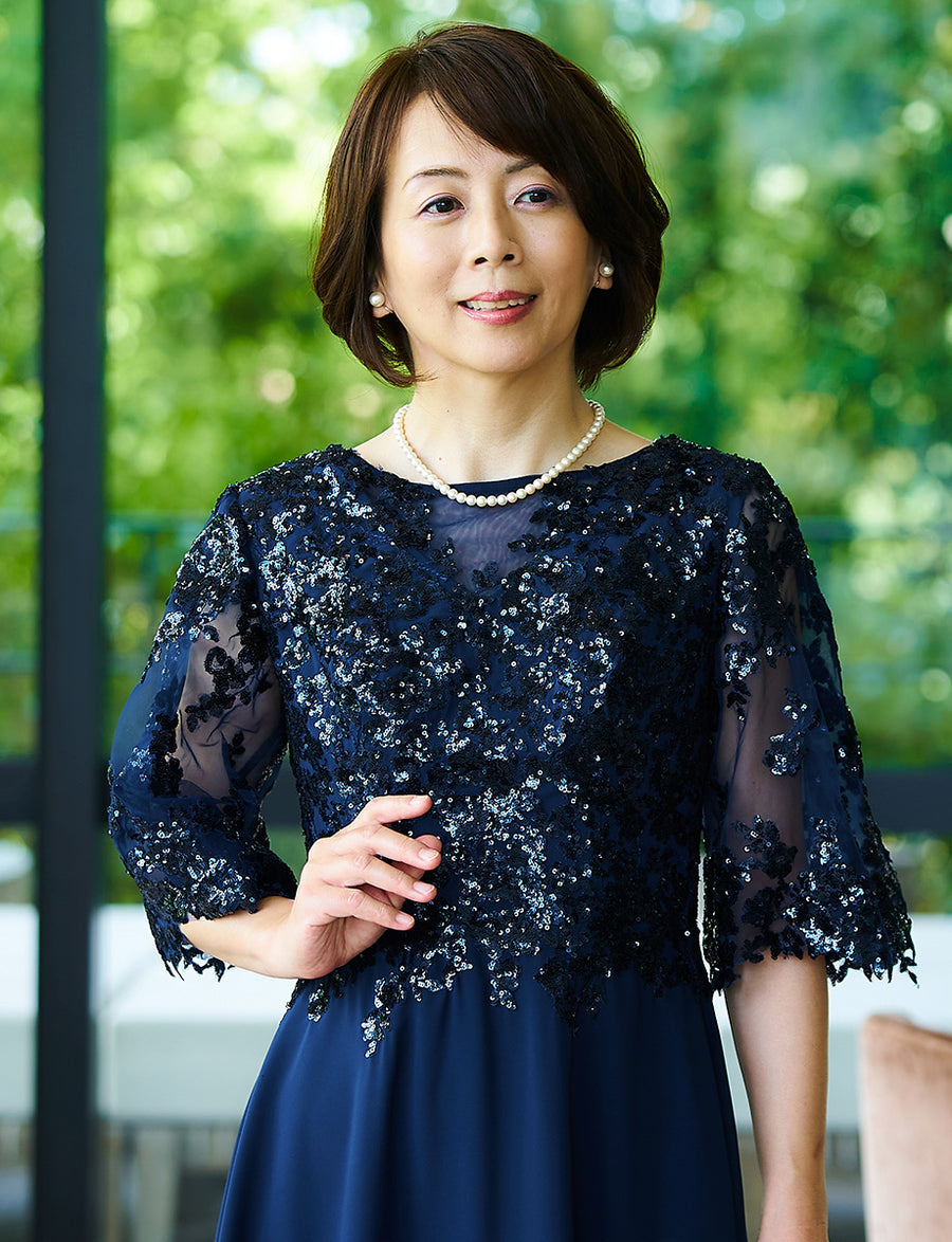 結婚式 母親ドレス 黒レース・マザーズドレス レース8分袖