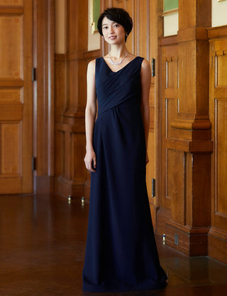 TWEED DRESS(ツイードドレス)のダークネイビーロングドレス・クレープ素材 ｜T-1509-DNYの全身正面画像です。