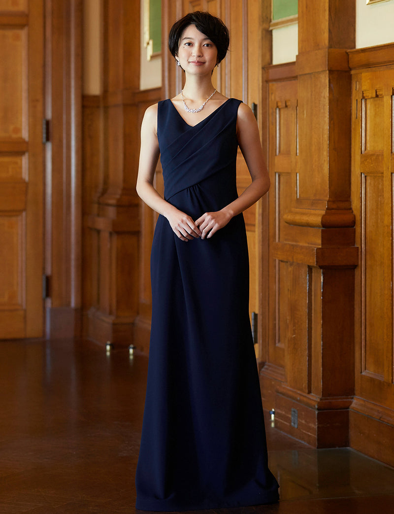 TWEED DRESS(ツイードドレス)のダークネイビーロングドレス・クレープ素材 ｜T-1509-DNYの全身正面画像です。