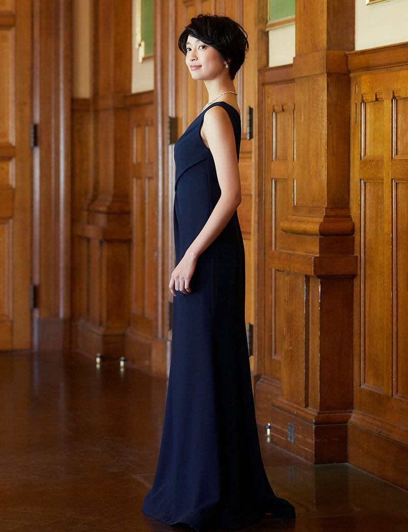 TWEED DRESS(ツイードドレス)のダークネイビーロングドレス・クレープ素材 ｜T-1509-DNYの全身側面画像です。
