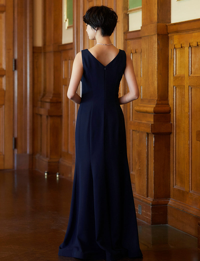TWEED DRESS(ツイードドレス)のダークネイビーロングドレス・クレープ素材 ｜T-1509-DNYの全身背面画像です。