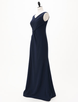 TWEED DRESS(ツイードドレス)のダークネイビーロングドレス・クレープ素材 ｜T-1509-DNYのトルソー全身斜め画像です。