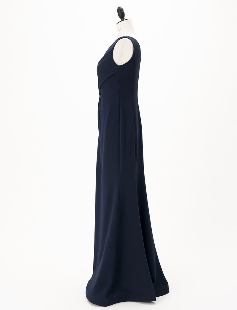 TWEED DRESS(ツイードドレス)のダークネイビーロングドレス・クレープ素材 ｜T-1509-DNYのトルソー全身側面画像です。