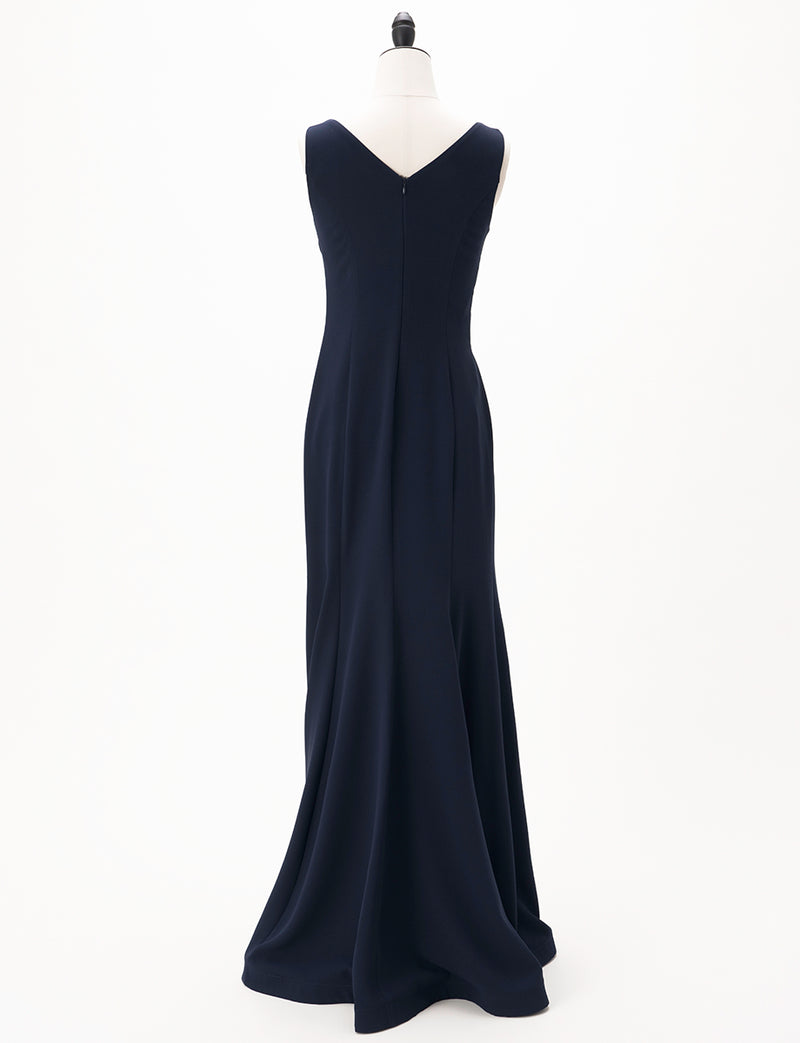 TWEED DRESS(ツイードドレス)のダークネイビーロングドレス・クレープ素材 ｜T-1509-DNYのトルソー全身背面画像です。