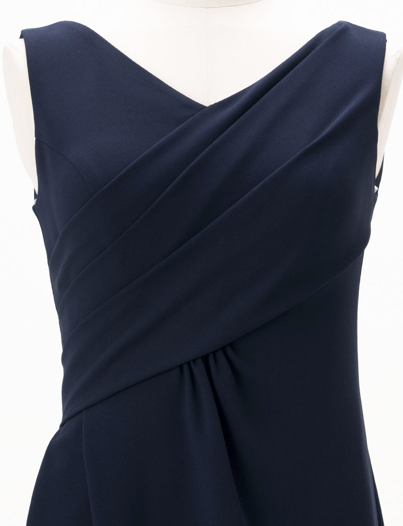 TWEED DRESS(ツイードドレス)のダークネイビーロングドレス・クレープ素材 ｜T-1509-DNYのトルソー上半身正面画像です。