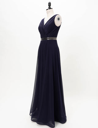 TWEED DRESS(ツイードドレス)のダークネイビーロングドレス・チュール｜T-1614-DNYのトルソー全身斜め画像です。