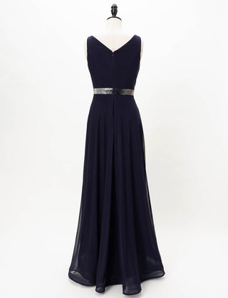 TWEED DRESS(ツイードドレス)のダークネイビーロングドレス・チュール｜T-1614-DNYのトルソー全身背面画像です。