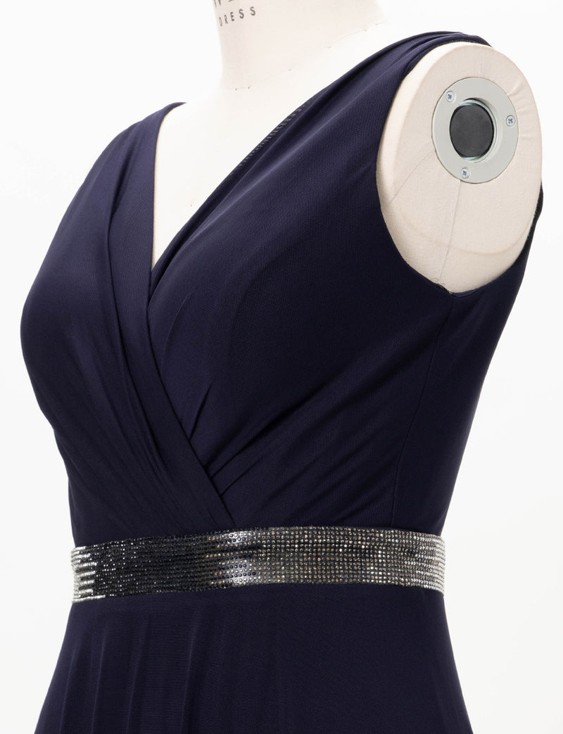 TWEED DRESS(ツイードドレス)のダークネイビーロングドレス・チュール｜T-1614-DNYのトルソー上半身斜め画像です。