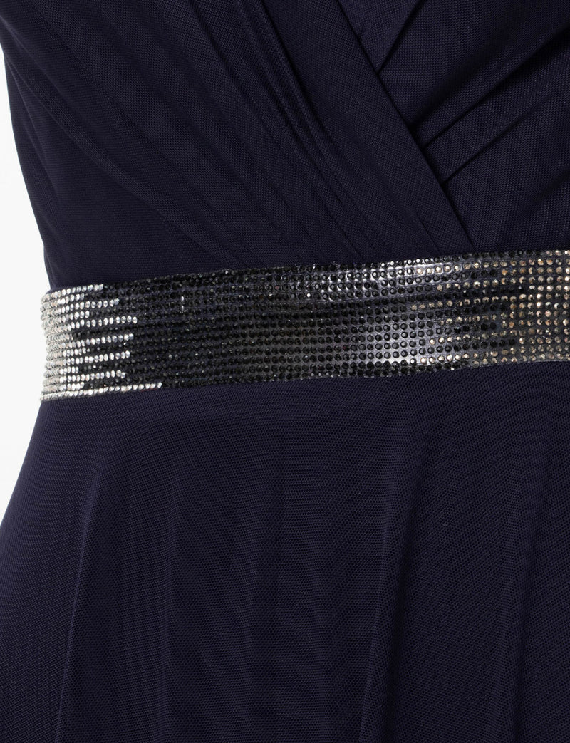 TWEED DRESS(ツイードドレス)のダークネイビーロングドレス・チュール｜T-1614-DNYの上半身ウエストビジュ装飾拡大画像です。