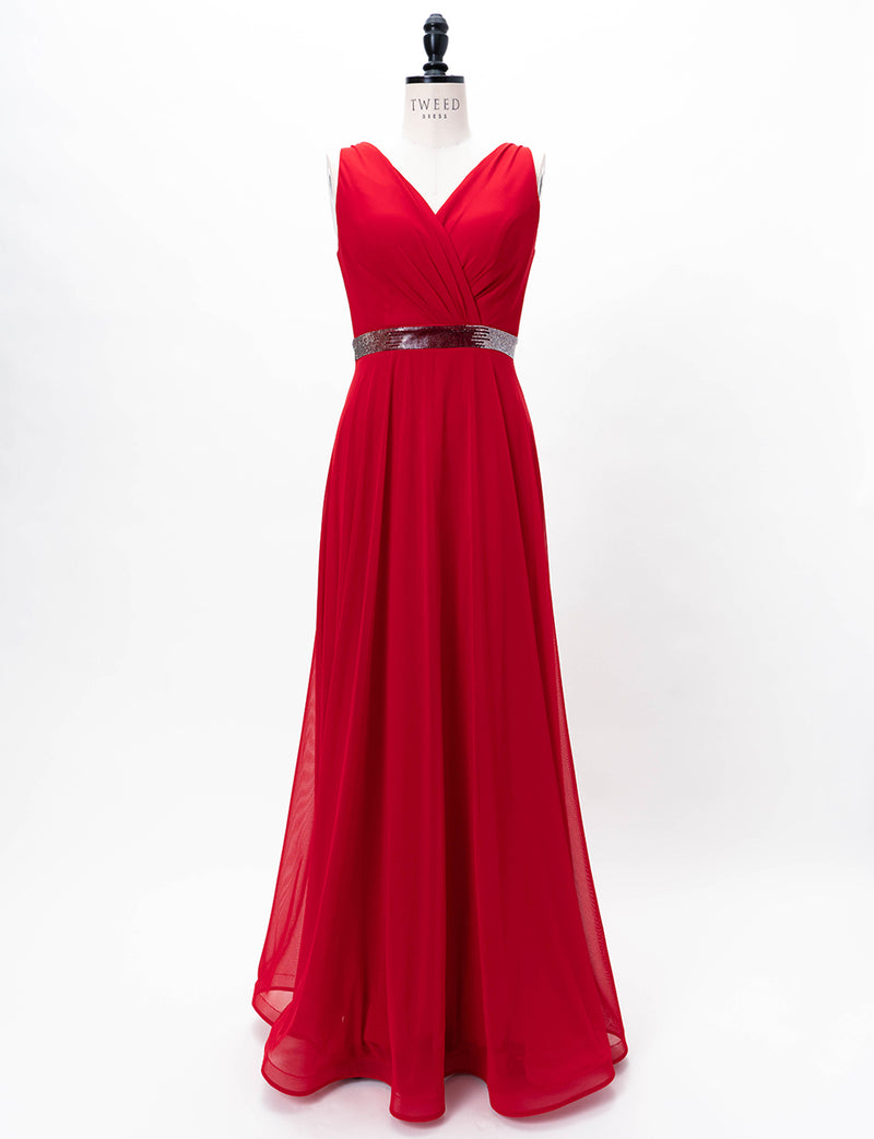 TWEED DRESS(ツイードドレス)のレッドロングドレス・チュール｜T-1614-RDのトルソー全身正面画像です。